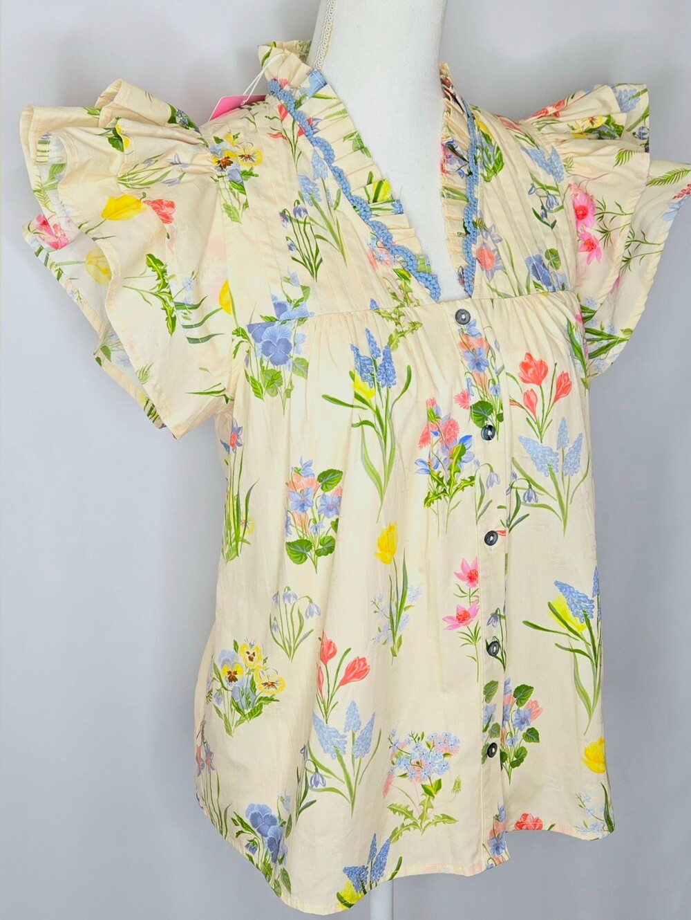 entro Meadow Bloom Flutter Sleeve Floral Ruffle V-Neck Cotton Blouse Top NWOT M - Picture 3 of 9